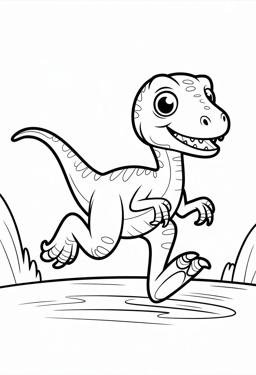Cute Dinosaur Coloring Pages for Kids: 20 Fun and Easy Designs 29 A cute cartoon velociraptor dinosaur running with a friendly expression.